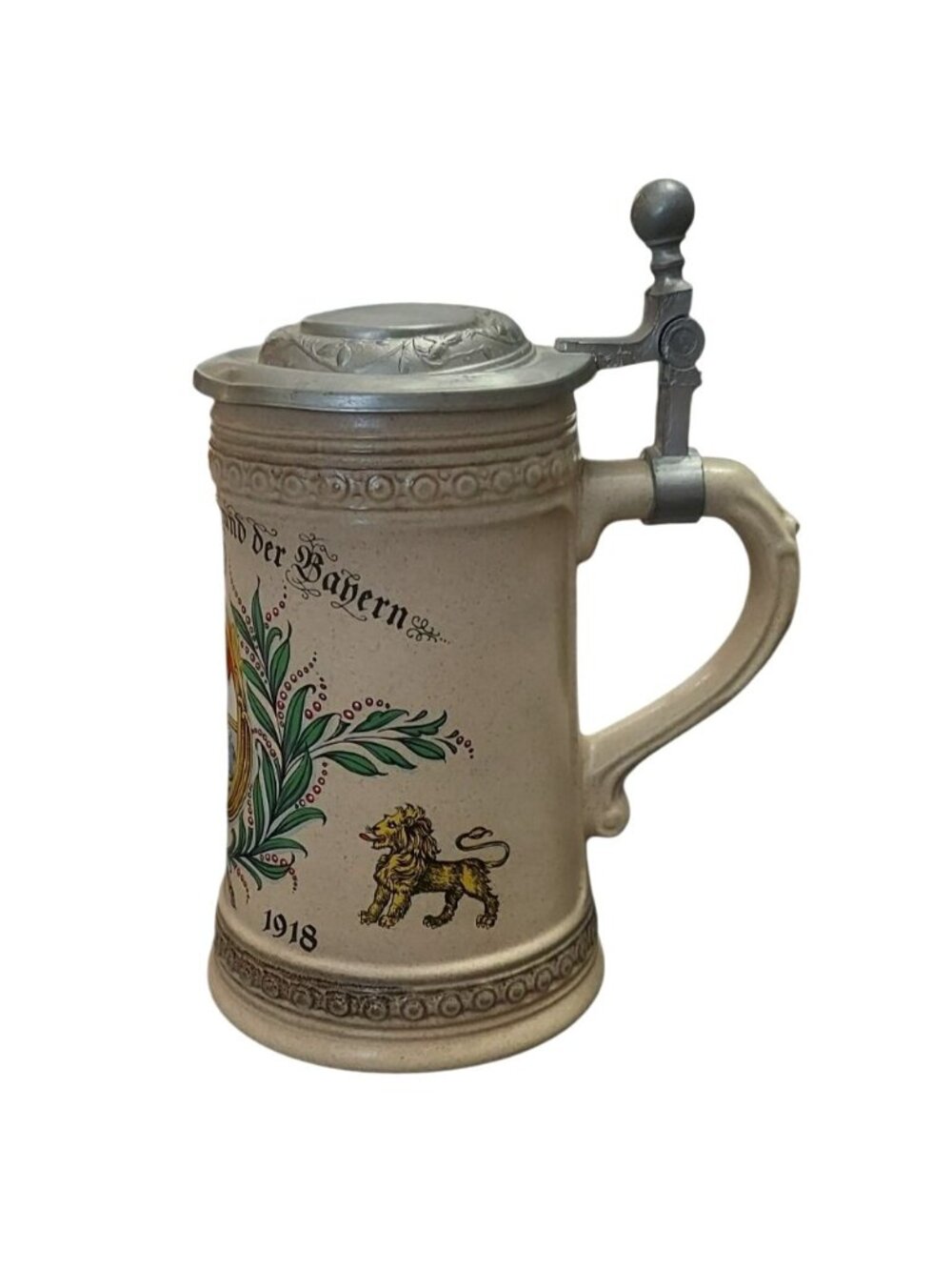 Alwe German Beer Stein Mug Pewter Lid 1835-1918 Bavaria Lion Crest Vintage